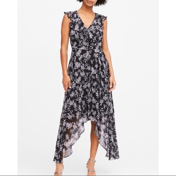 NWT Banana Republic TALL LONG Floral Ruffle Dress Handkerchief Asymmetrical Blac - Picture 1 of 10